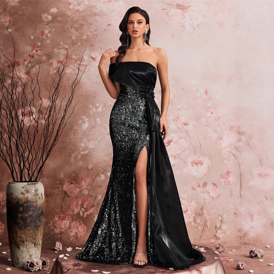 Elegant Sequin Stitching Fit Bandeau One Shoulder Cocktail Party Dinner Dress Bridesmaid Dress Women
