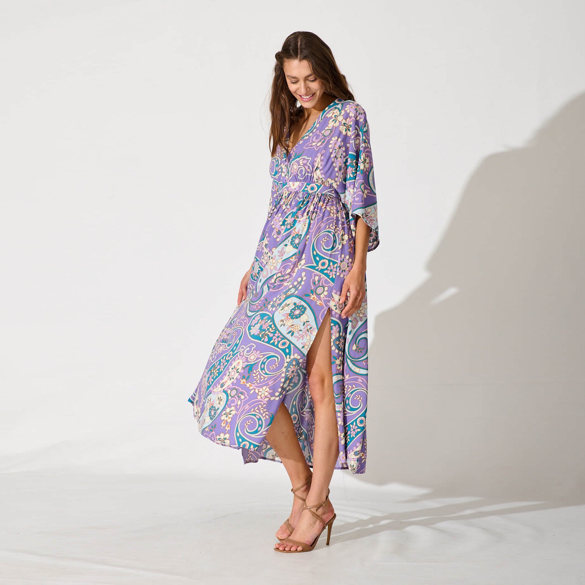 Summer Batwing Sleeve V neck Waist Slimming Maxi Dress Beach Holiday Dress JoyMer