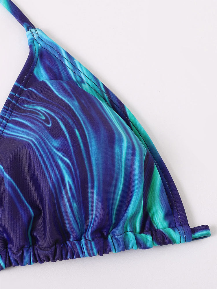 Traje de baño de dos piezas de manga larga con cuello halter para mujer, traje de baño de bikini sexy de tres piezas con estampado de verano para mujer