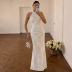 French Elegant Lace Stitching Ruffle Fitted Waist Backless Halter Dress Sexy Slim Vest Maxi Dress for Women LingSharp