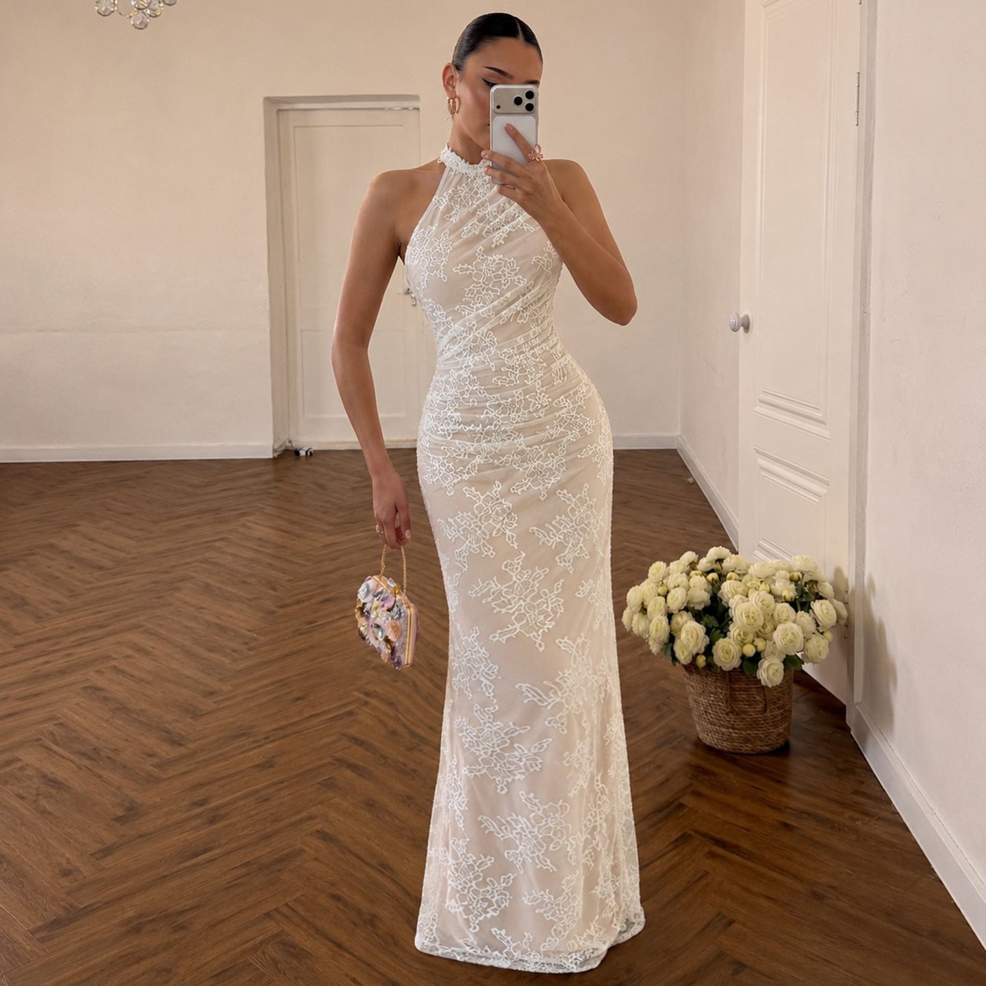 French Elegant Lace Stitching Ruffle Fitted Waist Backless Halter Dress Sexy Slim Vest Maxi Dress for Women LingSharp