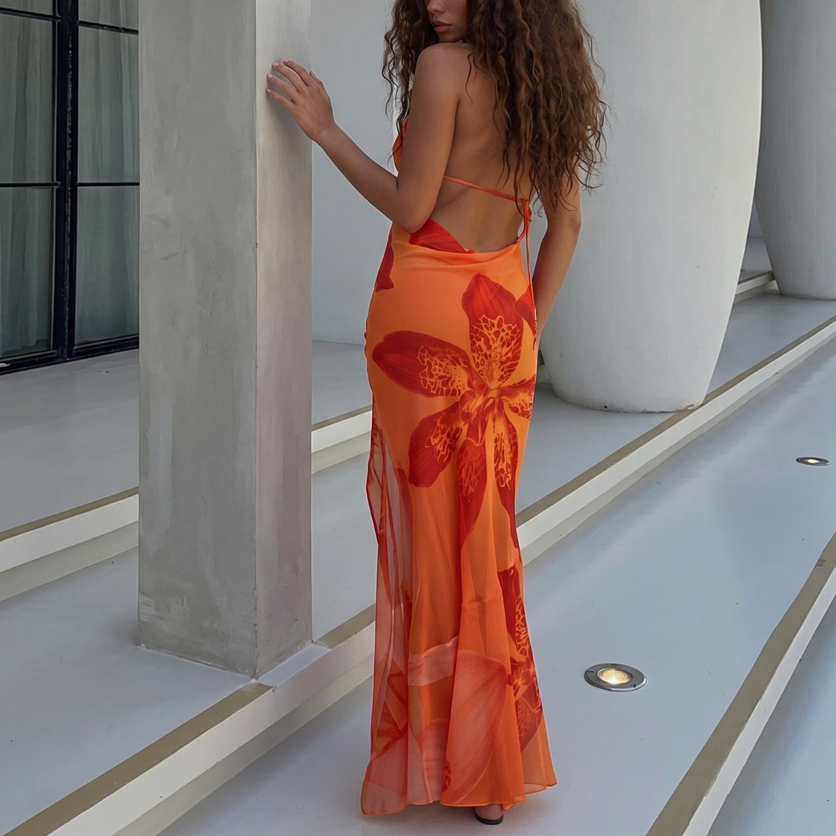 Summer Women Clothing Sexy Halter Backless Lace Printing See through Slim Fit Slit Dress Mangar
