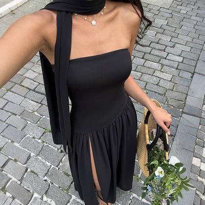 Minimalist Affordable Luxury Black Tube Top Stitching Big Swing Dress HUNDRED