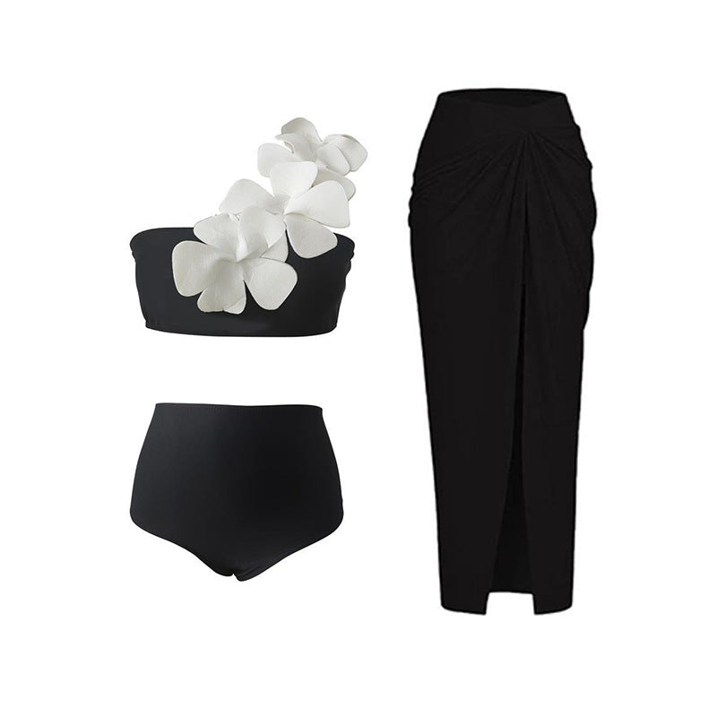 Traje de baño de bikini dividido con diseño floral tridimensional de un solo hombro para mujer