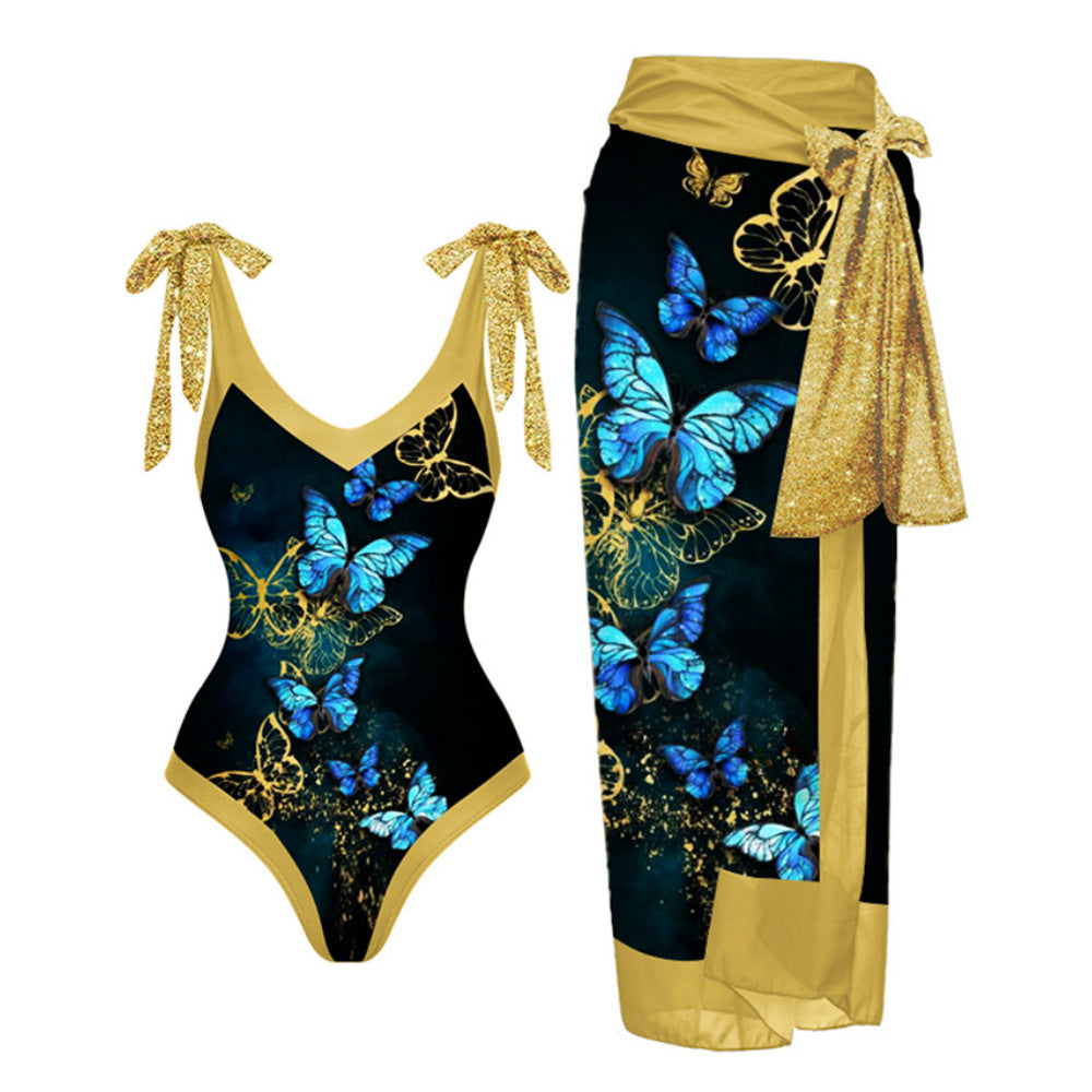 Traje de baño de dos piezas con falda de gasa y estampado multicolor para mujer, antiexposición y protección solar.