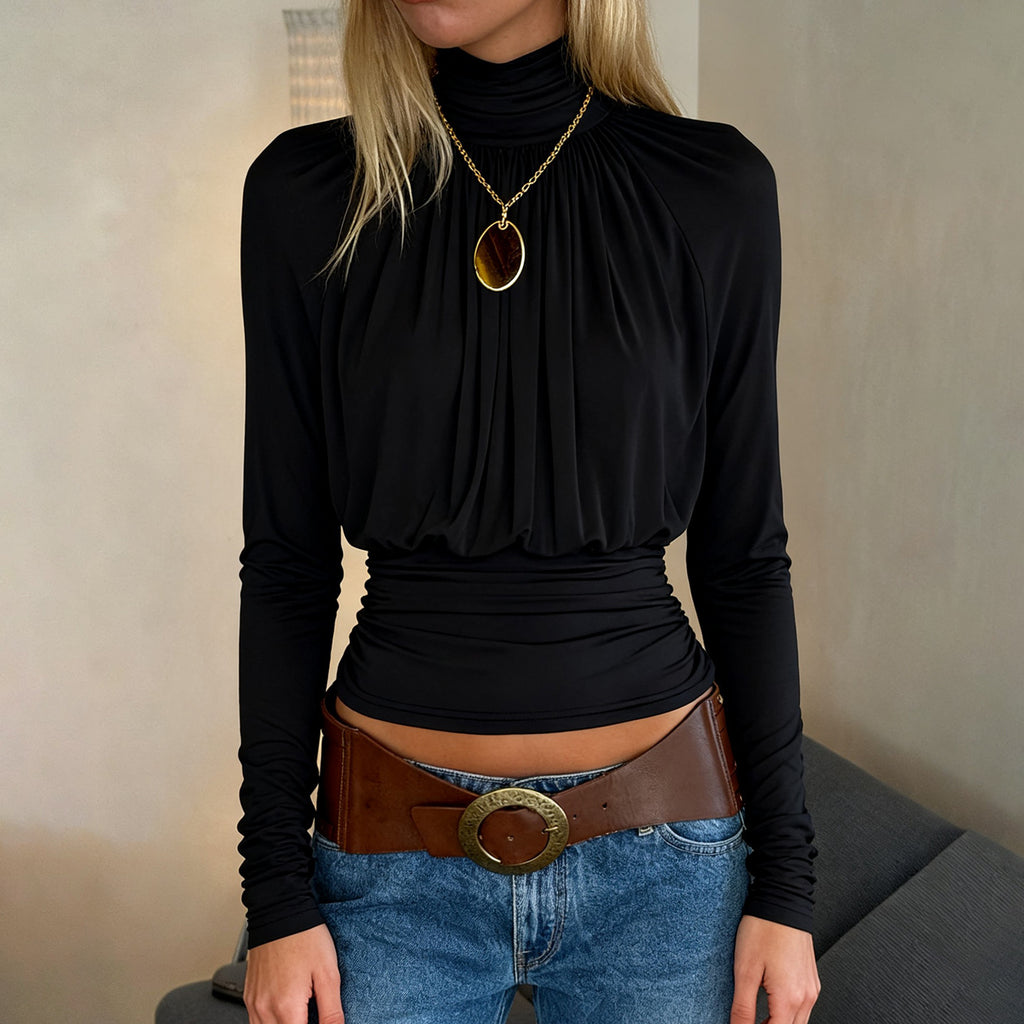 Camiseta negra oscura sexy con cuello alto y manga larga informal de cintura corta con control de adelgazamiento para mujer de otoño