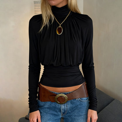 Camiseta negra oscura sexy con cuello alto y manga larga informal de cintura corta con control de adelgazamiento para mujer de otoño