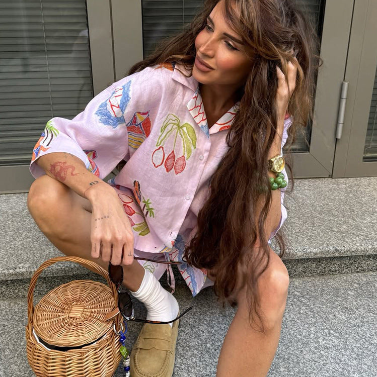 Summer Women Digital Printing Casual Shirt Outfit Collared Short Sleeve Cardigan Top Shorts Two Piece Set Kigali