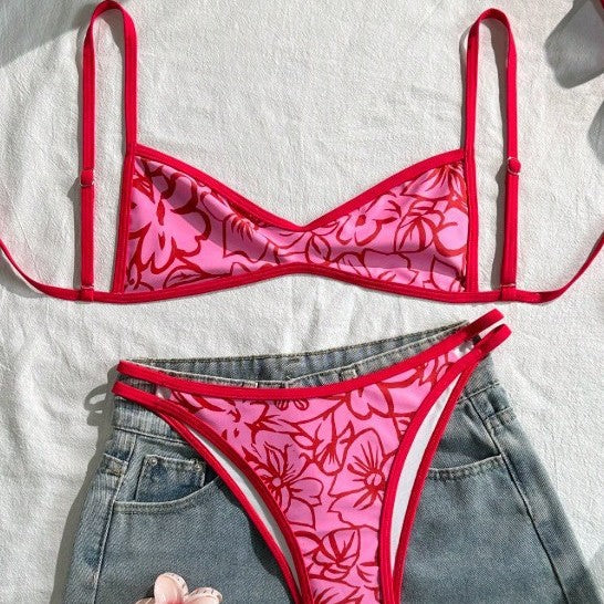 Ladies Bikini Two Piece Set Red Floral Summer Women Beach Split Swimsuit OLam