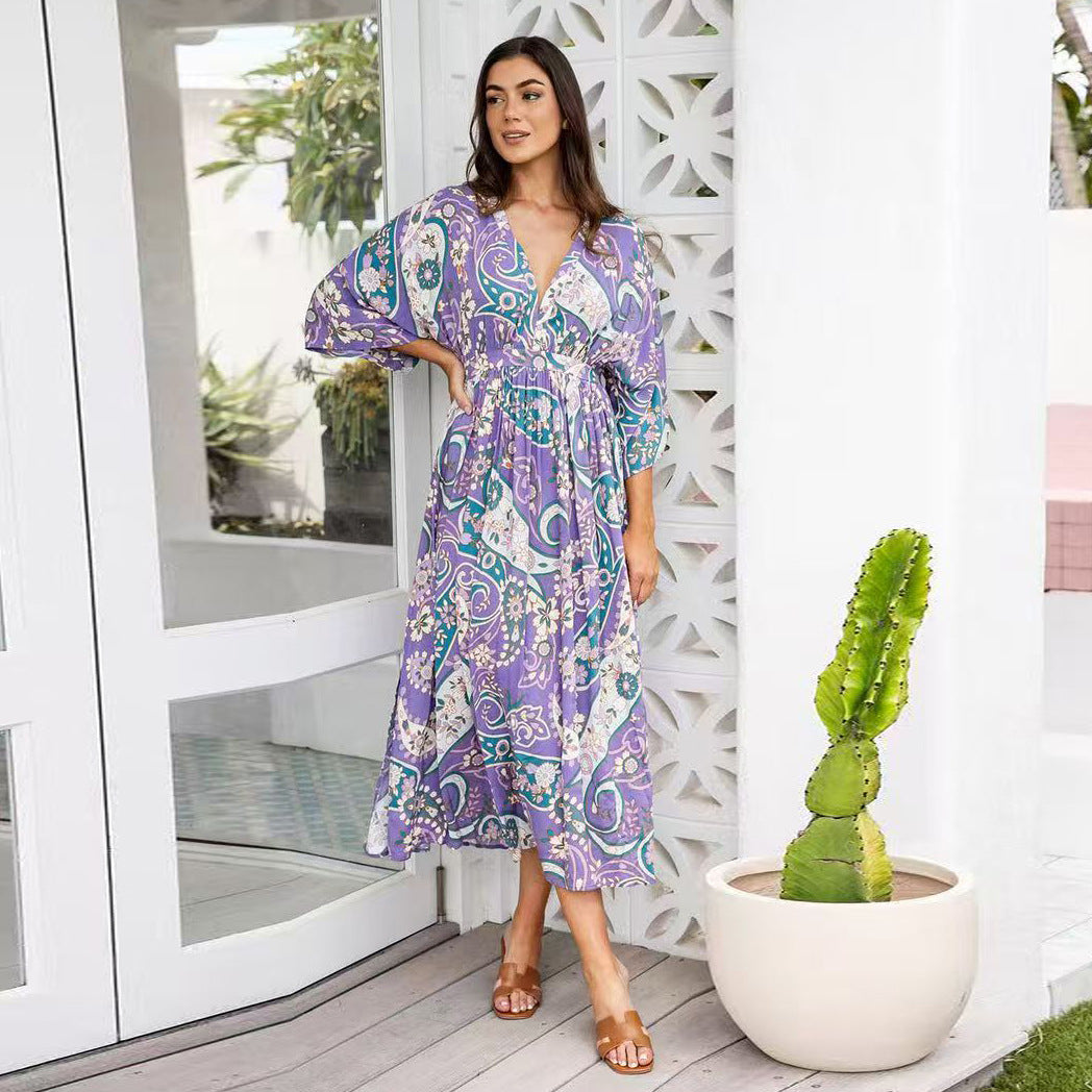 Summer Batwing Sleeve V neck Waist Slimming Maxi Dress Beach Holiday Dress JoyMer