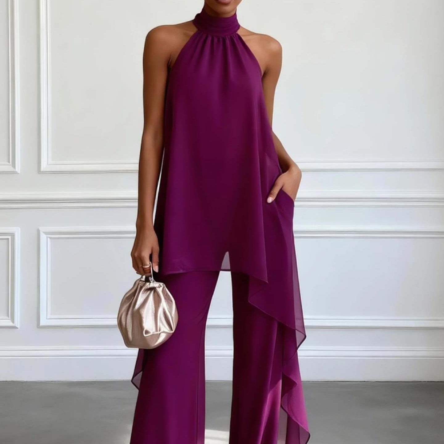 Elegant Halter Sleeve Chiffon Two Piece Sets NICE