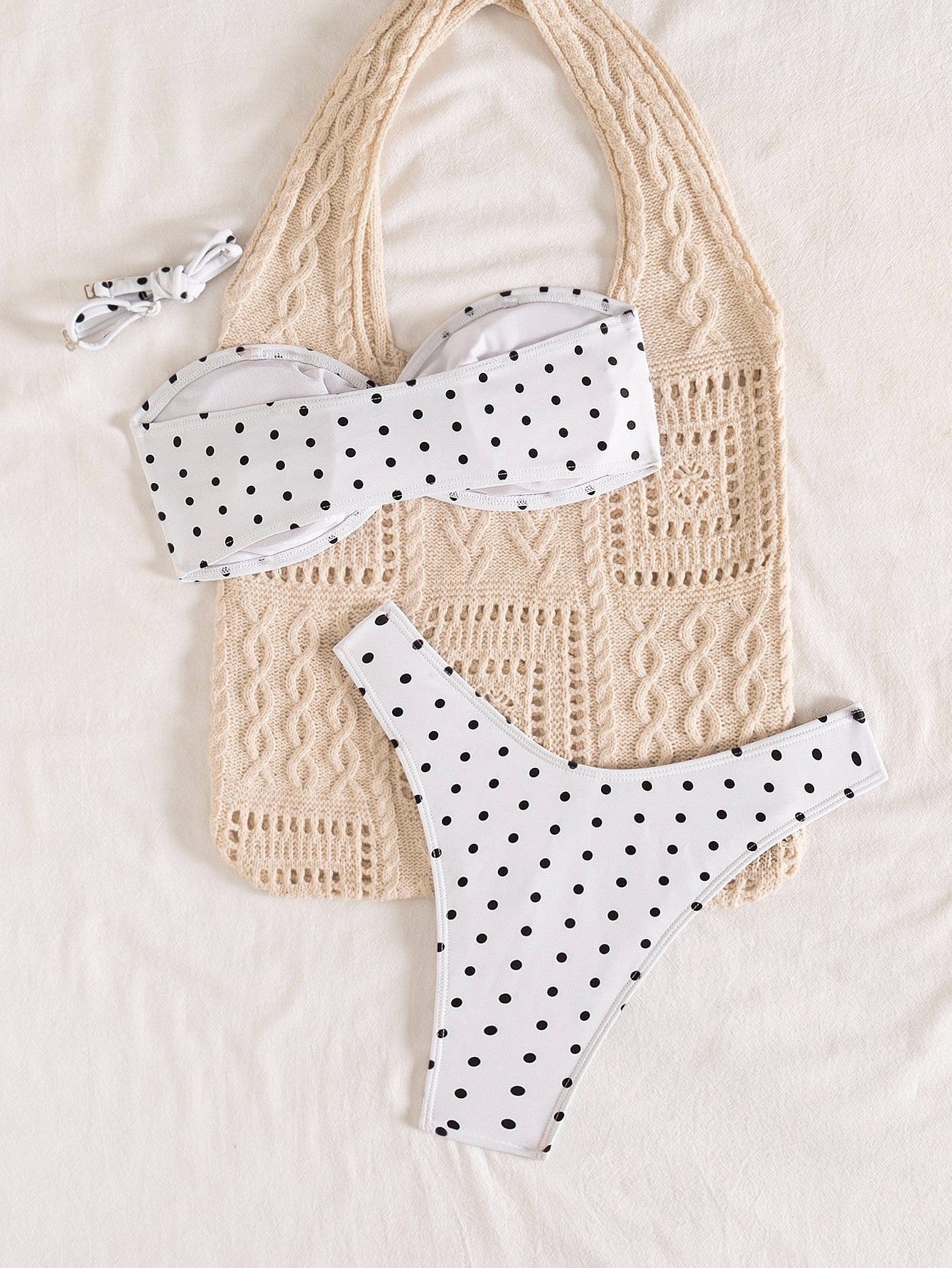 Black White Polka Dot Fresh Advanced Hollowed out Detachable Shoulder Strap Split Bikini OLam