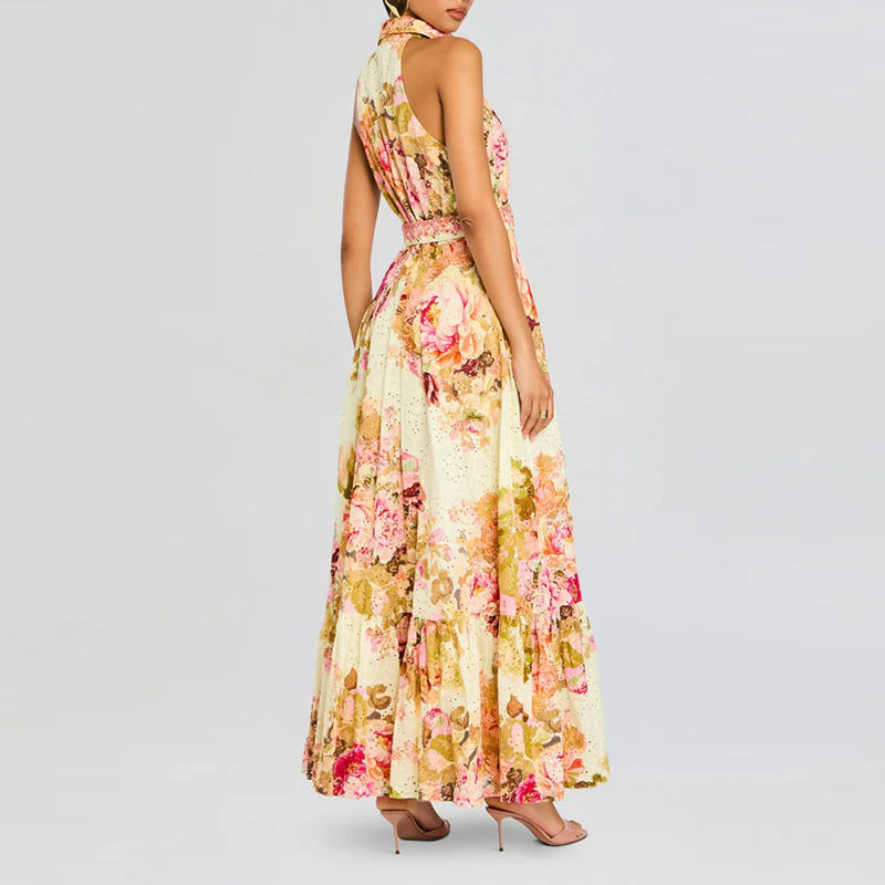 Retro Elegance Floral Printed Dress Summer Waist Slimming Sleeveless Lace up Dress Ory