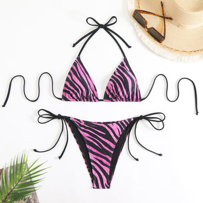 Bikini con estampado de cebra, sexy, sin espalda, con cordones, para mujer, bikini dividido