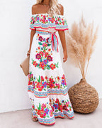 Spring Summer off Shoulder Red Floral Printed Long Large Hem Dress SCC