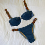 Faux Denim Low Waist Adjustable Triangle Bikini Sexy Belt Push up Split Swimsuit Women Thunder