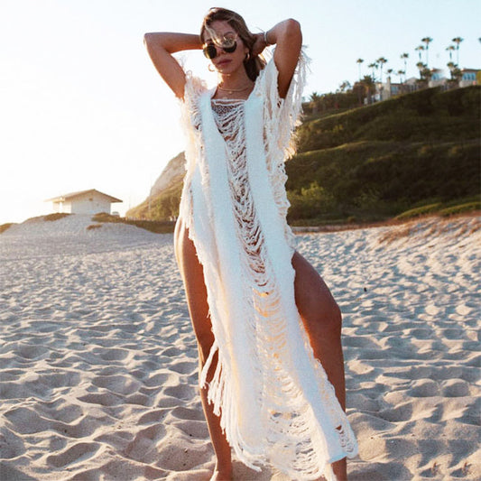 Summer Vacation Beach Dress Sexy Knitted Hollow Out Cutout Bikini Smock Dress Outer Tassel Dress