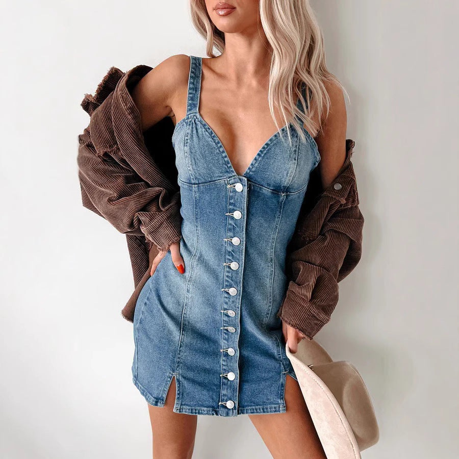 Women Clothing Summer Sweet Spicy Cardigan Strap Retro Denim Dress YooYoung