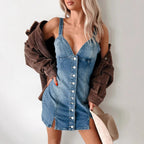 Women Clothing Summer Sweet Spicy Cardigan Strap Retro Denim Dress YooYoung