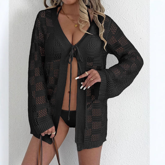 Women Cardigan Women Clothing Woven Shirt Hollow Out Cutout out Long Sleeve Sunscreen Beach Cover Up Lace up Beach Jacket