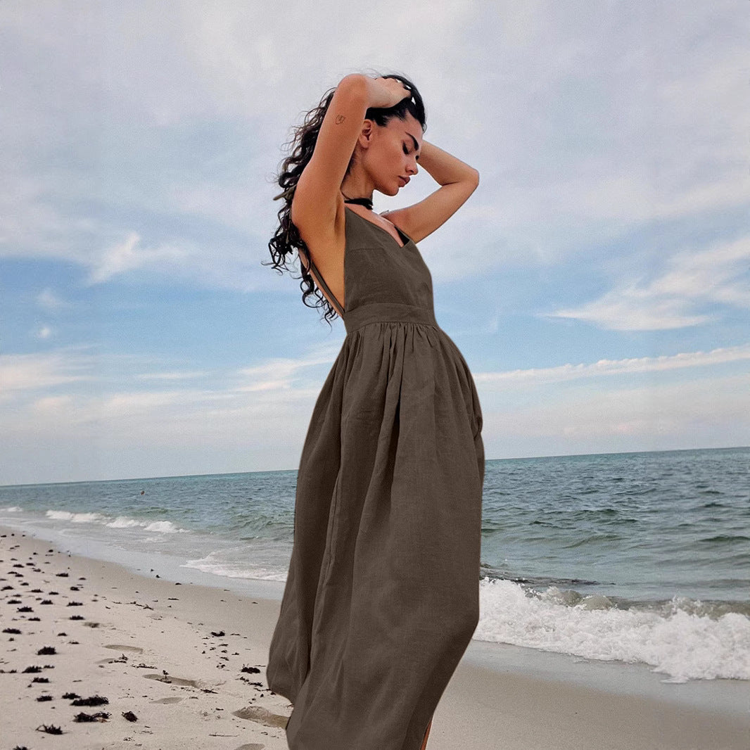 Pure Cotton V neck with Shoulder Straps Women Spring Elegant Sexy Lace up Backless Dress BlueLine