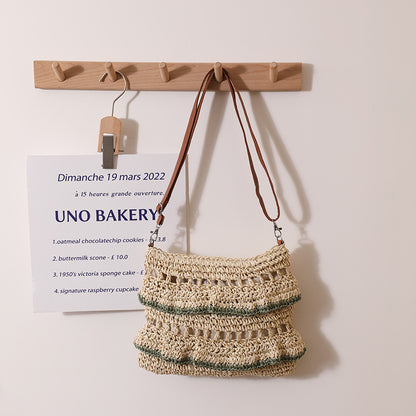 Bolso bandolera de paja con encaje y volantes para verano, tejido, para playa y vacaciones 