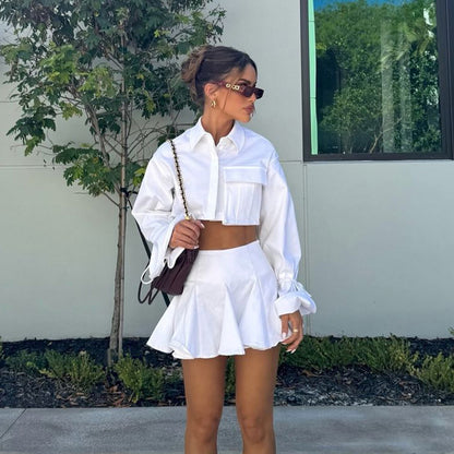 Women Clothing Outfit White Collared Bell Sleeve Short Top Pleated Skirt Two Piece Sets