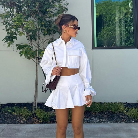 Women Clothing Outfit White Collared Bell Sleeve Short Top Pleated Skirt Two Piece Sets