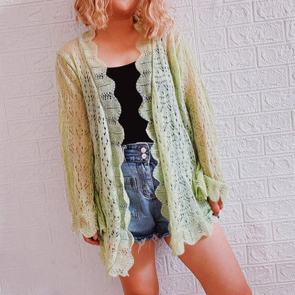 Summer Beach Vacation Sun Protection Shirt Ruffled Hollow Out Cutout Light Breathable Knitted Cardigan Women Crochet hook Crochet hook Crochet hook