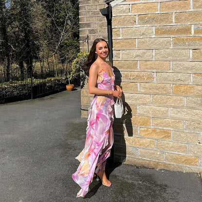 Summer Trends Women V neck Brace Printed Sheath Backless Sexy Dress