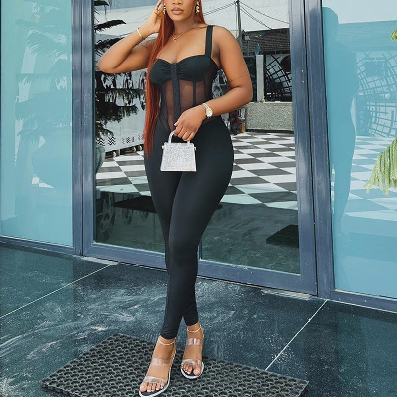 Solid Color Design Women Sports High Waist Jumpsuit Tight Elastic Sling Micro Transparent Jumpsuit Kinci