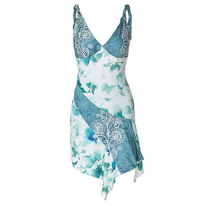 Vestido corto de verano con escote en V y tirantes finos con estampado floral para mujer