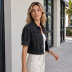 Collared Bubble Sleeve Single Breasted Pocket Design Washed Denim Short Sleeve Jacket Women MANNY