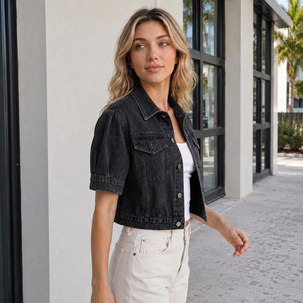 Collared Bubble Sleeve Single Breasted Pocket Design Washed Denim Short Sleeve Jacket Women MANNY