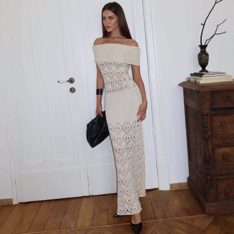 Off Shoulder Hollow Out Cutout Dress Women Summer Waist Hip Knitwear Maxi Dress Women Havana