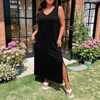 Summer High Waist V neck Maxi Dress Cotton Polyester Knitted A line Split Japanese Korean Casual Dress Yido