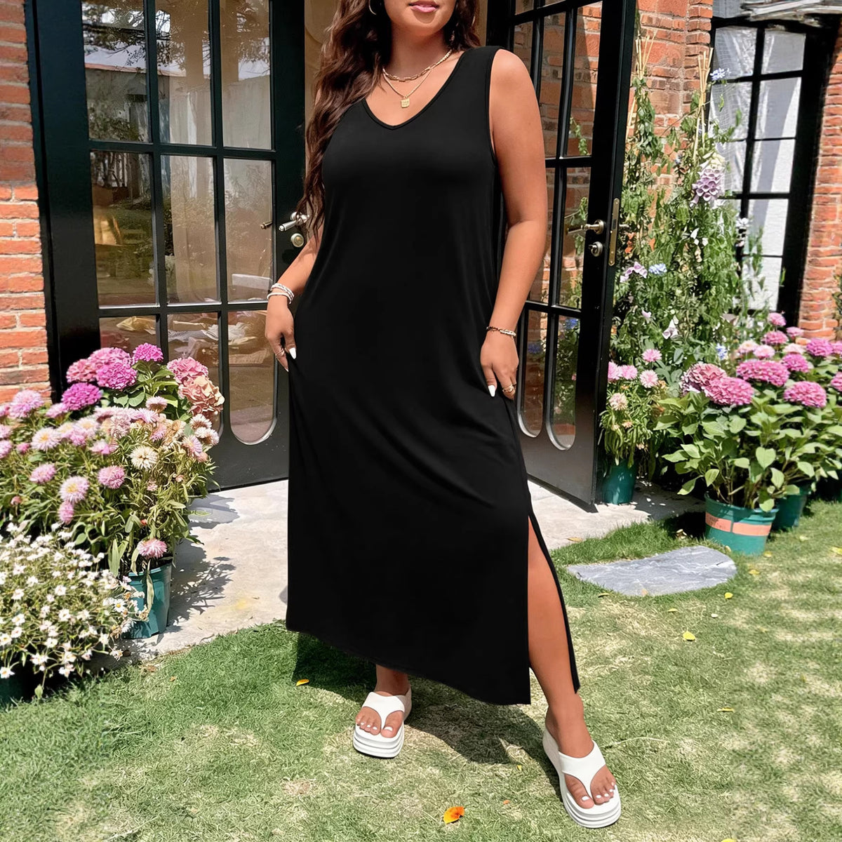 Summer High Waist V neck Maxi Dress Cotton Polyester Knitted A line Split Japanese Korean Casual Dress Yido