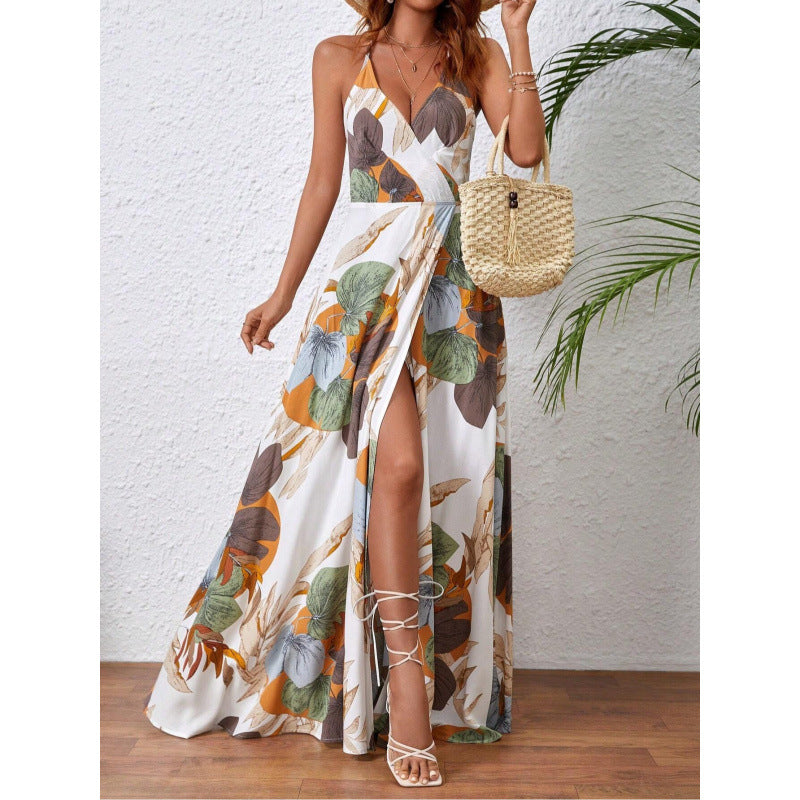 Real Shot Tropical Printing Thigh Fork Sling Dress FDetweq
