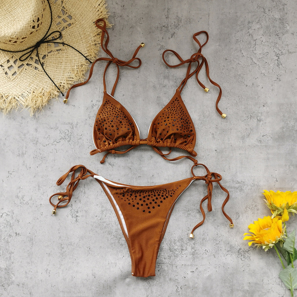 Three Point Diamond Solid Color Lace up Sexy Halter Bikini Wrap Skirt Set Split Swimsuit Women Thunder