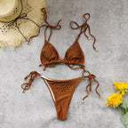 Three Point Diamond Solid Color Lace up Sexy Halter Bikini Wrap Skirt Set Split Swimsuit Women Thunder