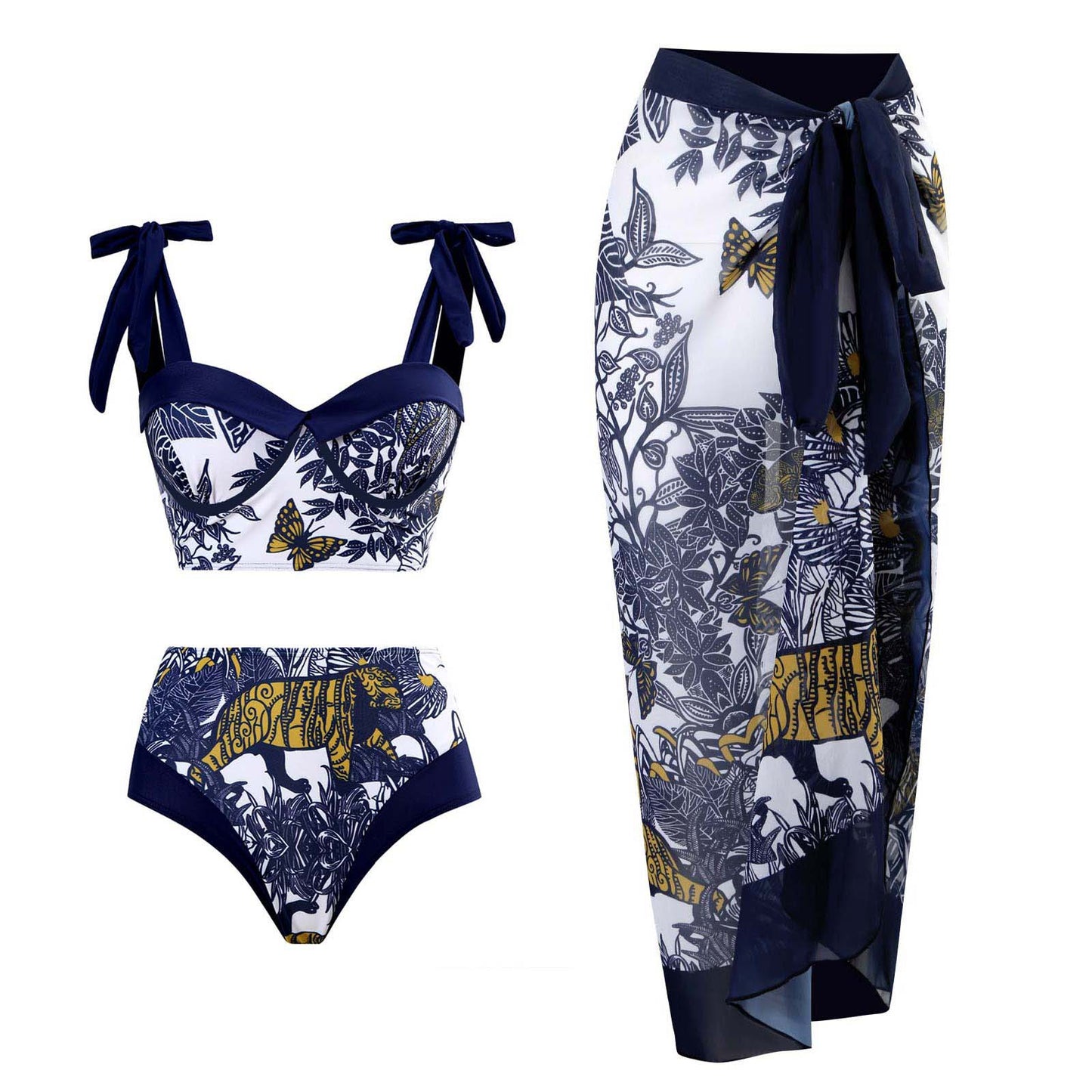 Traje de baño de bikini de tres piezas con estampado de cintura alta para mujer, traje de baño sexy, bikini