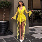 Robe courte en dentelle à manches longues et pantalon de sécurité pour femme