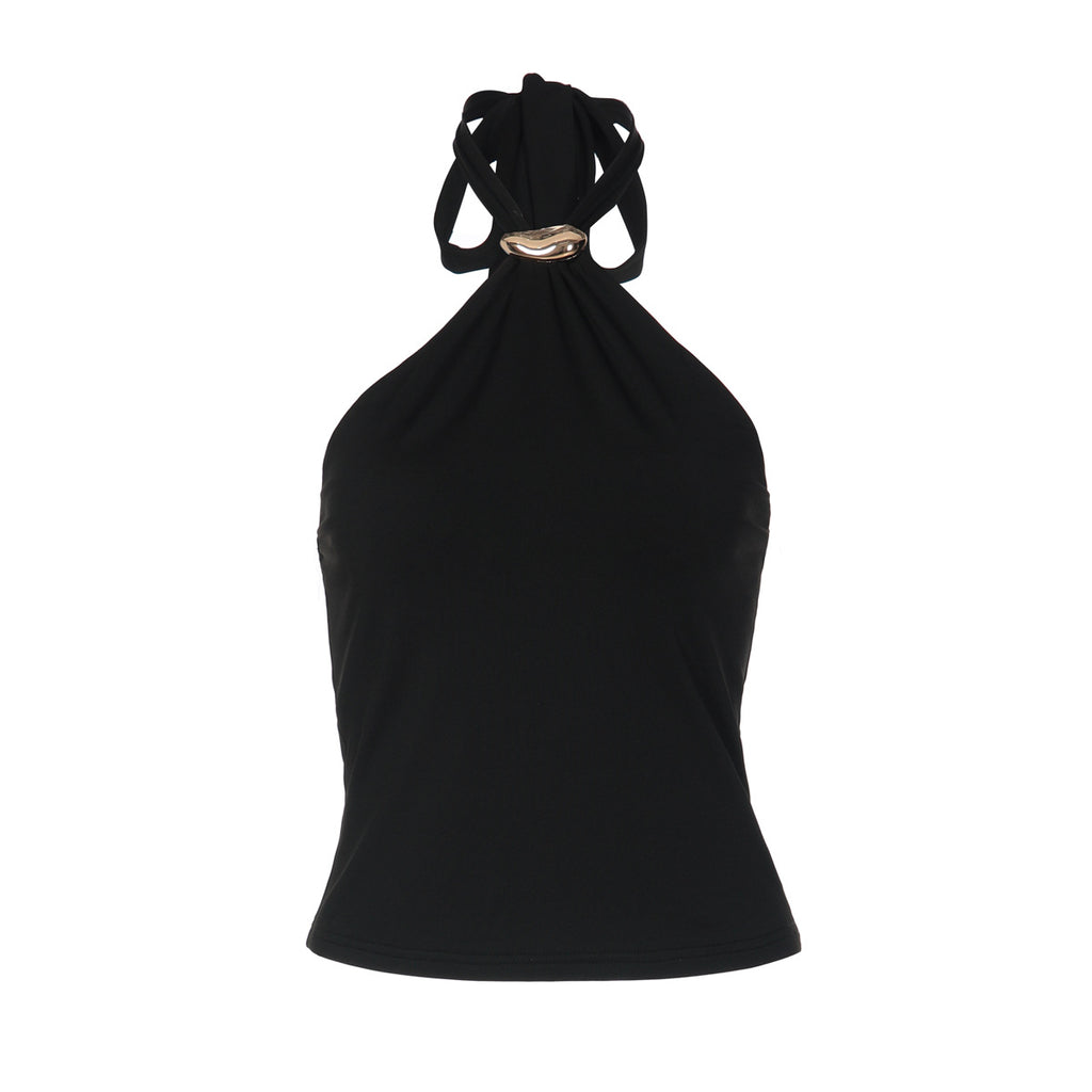 Débardeur bustier uni sexy dos nu à lacets ajustables, style français, idéal pour le printemps.
