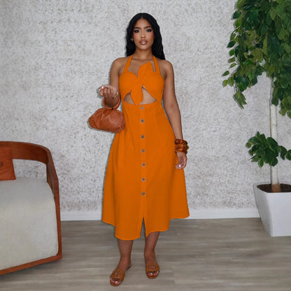 Elegant Office Solid Color Twist Decoration Smocking Halter Tied Dress