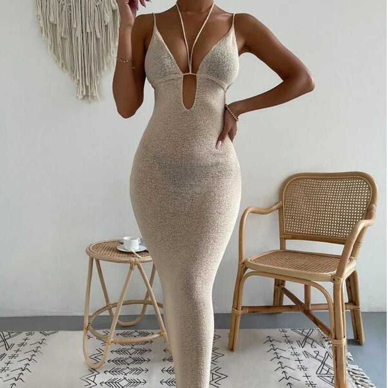 Vestido maxi sexy con escote halter, tirantes finos y encaje para mujer