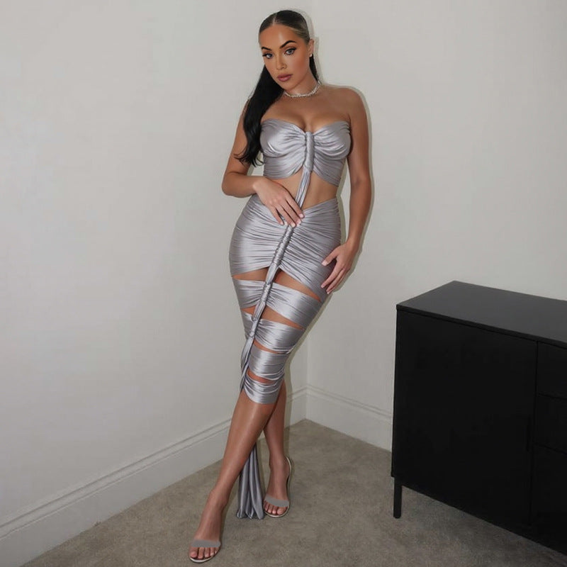 Vestido tubo brillante plisado sin espalda ajustado con recortes sexy para mujer de otoño e invierno