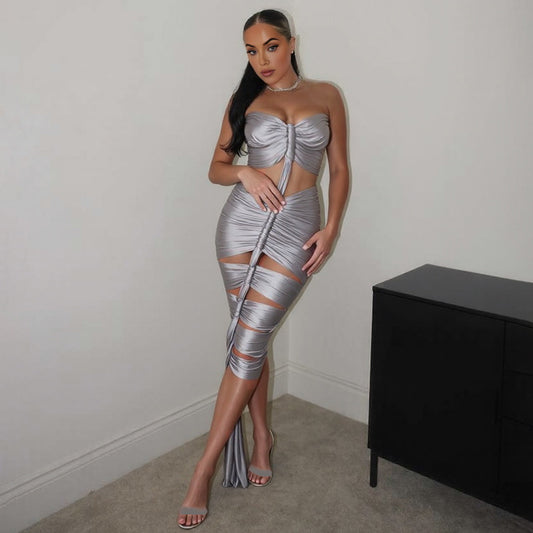 Vestido tubo brillante plisado sin espalda ajustado con recortes sexy para mujer de otoño e invierno