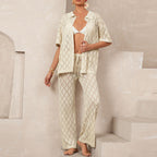 Beach Short Sleeved Shirt Trousers Hollow Out Cutout out See through Casual Knitted Vacation Elegant Sun Protective Blouse Two Piece Sets Tidee