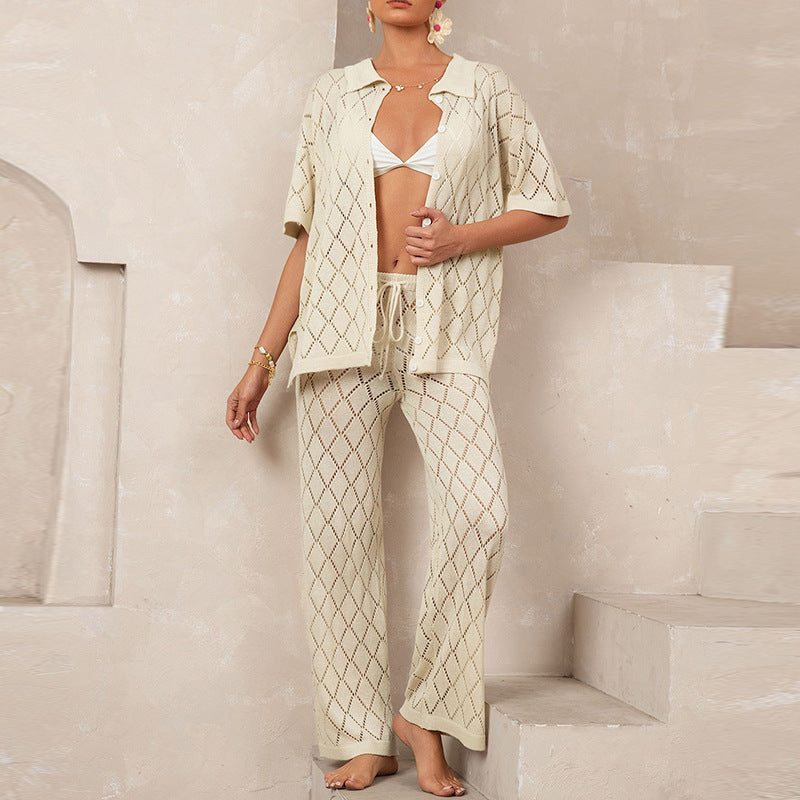 Beach Short Sleeved Shirt Trousers Hollow Out Cutout out See through Casual Knitted Vacation Elegant Sun Protective Blouse Two Piece Sets Tidee