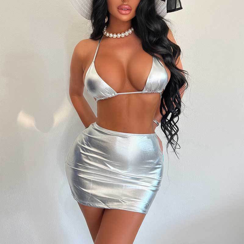 Traje de baño Bikini de tres piezas Traje de baño plateado con cordones Traje de baño bronceador Traje de baño de tres piezas